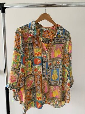 🔴 Spring Red Dot Sale - Rose & Olive Multicolor Fruit and Floral Patchwork Top